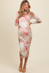 Pink Abstract Printed Mesh Overlay Maternity Maxi Dress