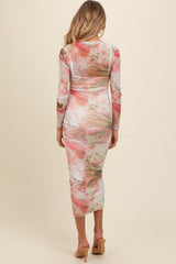 Pink Abstract Printed Mesh Overlay Maternity Maxi Dress