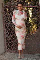 Pink Abstract Printed Mesh Overlay Maternity Maxi Dress