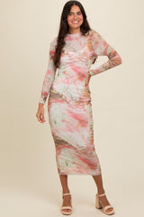 Pink Abstract Printed Mesh Overlay Maternity Maxi Dress