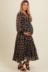 Black Floral Chiffon Twist Wrap Maternity Maxi