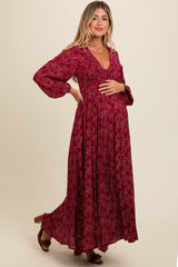 Burgundy Floral Smocked Button Detail Maternity Maxi Dress