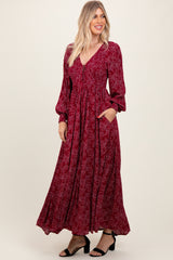 Burgundy Floral Smocked Button Detail Maternity Maxi Dress