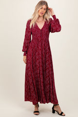 Burgundy Floral Smocked Button Detail Maxi Dress