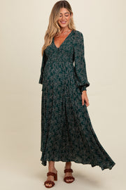 Forest Green Floral Smocked Button Detail Maternity Maxi Dress