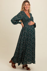 Forest Green Floral Smocked Button Detail Maternity Maxi Dress