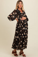 Black Floral Chiffon Twist Front Wrap Maternity Maxi Dress