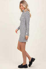 Ivory Striped Mock Neck Long Sleeve Fitted Dress