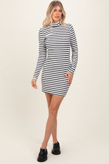 Ivory Striped Mock Neck Long Sleeve Maternity Fitted Dress