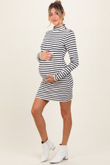 Ivory Striped Mock Neck Long Sleeve Maternity Fitted Dress