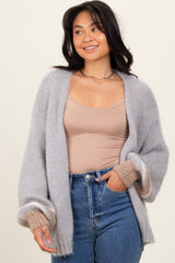 Light Grey Brushed Knit Striped Sleeve Cardigan