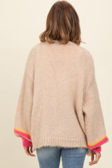 Beige Brushed Knit Striped Sleeve Cardigan