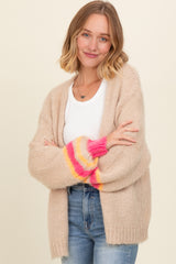 Beige Brushed Knit Striped Sleeve Cardigan