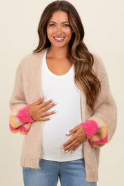 Beige Brushed Knit Striped Sleeve Maternity Cardigan