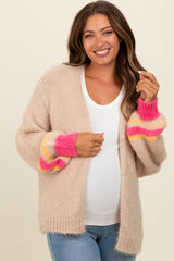 Beige Brushed Knit Striped Sleeve Maternity Cardigan