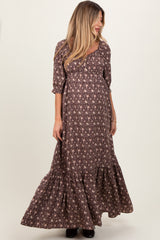 Chestnut Floral Sweetheart Neckline Maternity Maxi Dress