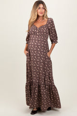 Chestnut Floral Sweetheart Neckline Maternity Maxi Dress