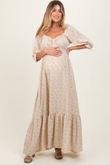 Cream Floral Sweetheart Neckline Maternity Maxi Dress