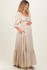 Cream Floral Sweetheart Neckline Maternity Maxi Dress