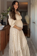 Cream Floral Sweetheart Neckline Maternity Maxi Dress