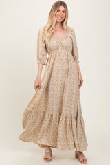 Cream Floral Sweetheart Neckline Maxi Dress