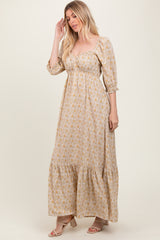 Cream Floral Sweetheart Neckline Maxi Dress