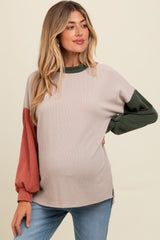 Cream Ribbed Colorblock Maternity Side Slit Top