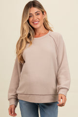 Light Taupe Crewneck Waffle Knit Maternity Pullover Top