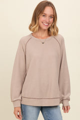 Light Taupe Crewneck Waffle Knit Pullover Top