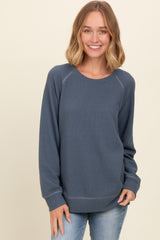 Light Navy Crewneck Waffle Knit Pullover Top