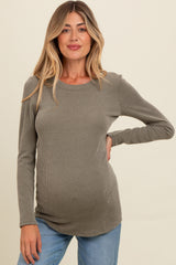 Olive Ribbed Scoop Neck Long Sleeve Maternity Top