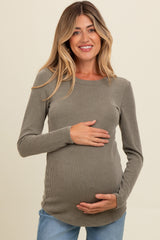 Olive Ribbed Scoop Neck Long Sleeve Maternity Top