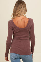 Brown Ribbed Scoop Neck Long Sleeve Maternity Top