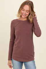 Brown Ribbed Scoop Neck Long Sleeve Top