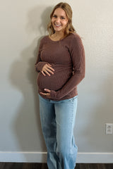 Brown Ribbed Scoop Neck Long Sleeve Maternity Top