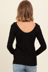 Black Ribbed Scoop Neck Long Sleeve Top