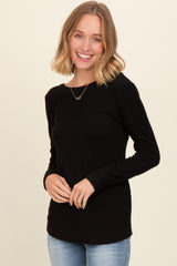 Black Ribbed Scoop Neck Long Sleeve Top