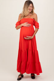 Red Smocked Ruffle Off Shoulder Tiered Maternity Maxi Dress