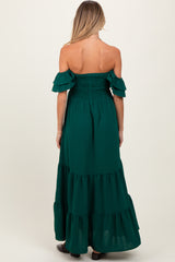 Hunter Green Smocked Ruffle Off Shoulder Tiered Maternity Maxi Dress