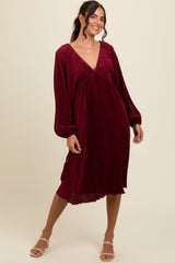 Burgundy Pleated Deep V-Neck Midi Dress