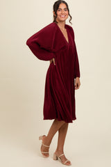 Burgundy Pleated Deep V-Neck Midi Dress