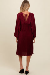 Burgundy Pleated Deep V-Neck Maternity Midi Dress