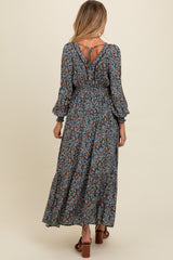 Navy Floral V-Neck Bubble Sleeve Maternity Maxi Dress