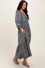 Navy Floral V-Neck Bubble Sleeve Maxi Dress