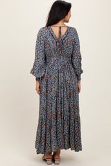 Navy Floral V-Neck Bubble Sleeve Maxi Dress