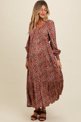 Mocha Floral V-Neck Bubble Sleeve Maternity Maxi Dress