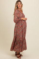 Mocha Floral V-Neck Bubble Sleeve Maternity Maxi Dress