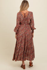 Mocha Floral V-Neck Bubble Sleeve Maternity Maxi Dress