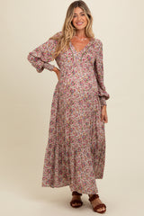 Cream Floral V-Neck Bubble Sleeve Maternity Maxi Dress