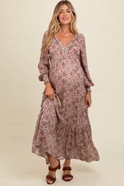 Cream Floral V-Neck Bubble Sleeve Maternity Maxi Dress